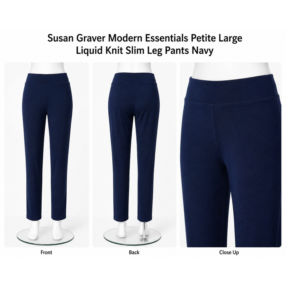 Susan Graver Liquid Knit Slim Leg Pull On Pants Navy‎ Blue Medium Petite A373902